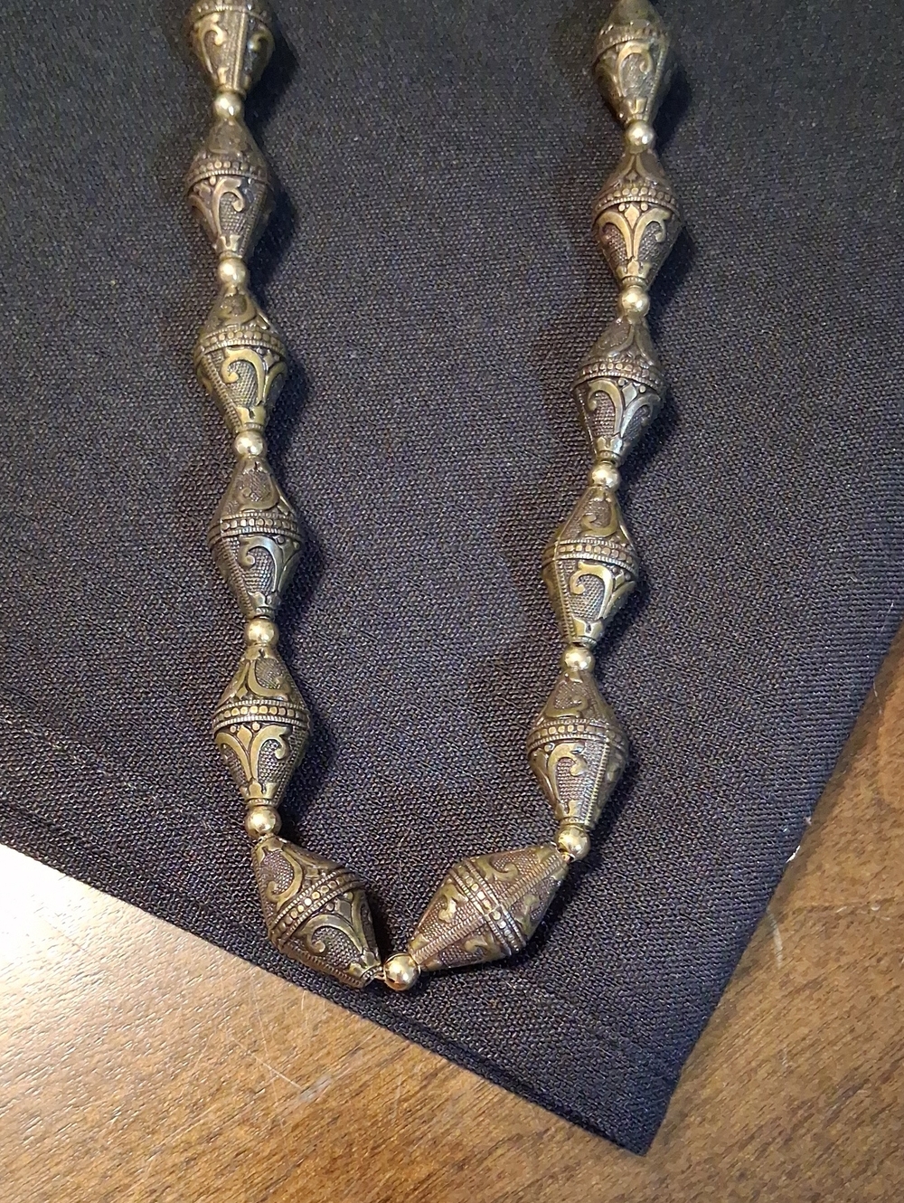 Signed Vintage-Inspired Brass Filigree Bead Necklace - Antique Gold